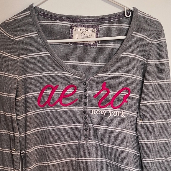 Y2K Aeropostale Henley Shirt Striped Button Down Ribbed Long Sleeves Gray Pink - Picture 3 of 12